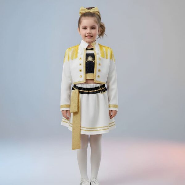 Déguisement fille costume Mira K-pop Demon Hunters porté par une fille debout dans un fond gris clair éclairé par la droite. La tenue comporte une jupe blanche avec un ruban doré, un top scintillant noir et une veste blanche à franges dorées.