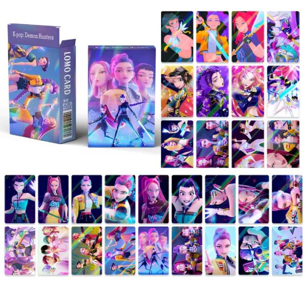Jeu de 30 cartes K-pop Demon Hunters et le paquet en haut à gauche. Sur fond blanc.