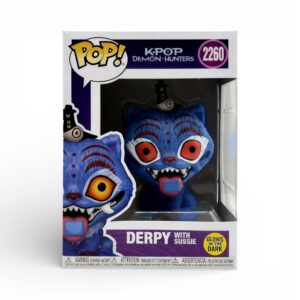 Figurine POP Jouet Kpop Demon Hunters Duo Protecteur Derpy et Sussie; un tigre bleu et une pie trois yeux folklore coréen emballage transparent fond blanc.
