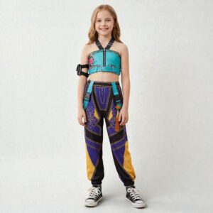 Fille souriante portant le Déguisement K-pop Demon Hunters cosplay Zoey style californien, ensemble blanc irisé à épaulettes dorées et baskets jaunes sur fond uni clair.