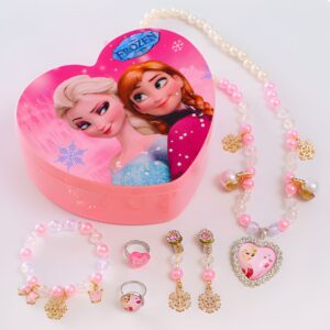 Boîte cœur avec lot de 6 bijoux Reine des Neiges pour petite fille sur fond gris