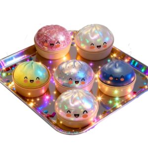 6 squishy dumplings colorés disposés dans un plateau, avec des paillettes