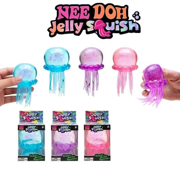 Jouet squishy Nee Doh Jelly Squish représentant des méduses translucides à presser, présentées en 3 coloris : bleu turquoise, rose et violet. En haut de l'image, trois méduses sont tenues en main pour montrer leur taille et leur texture gélatineuse avec des tentacules souples qui pendent. En bas, les trois mêmes méduses sont présentées dans leur emballage individuel blister. Logo Nee Doh Jelly Squish visible en haut au centre.